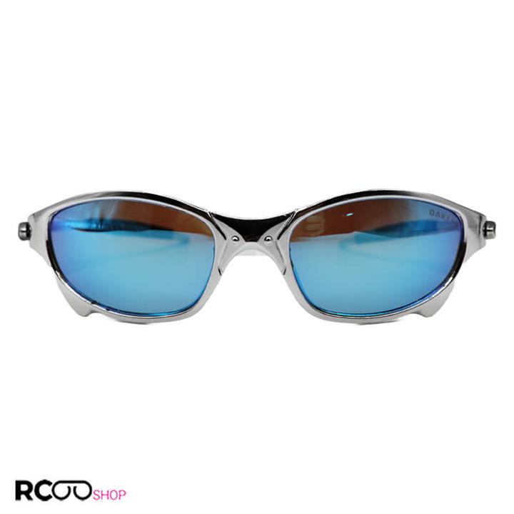 عینک ورزشی OAKLEY با فریم نقره ای رنگ، لنز آینه ای و آبی رنگ مدل W2236